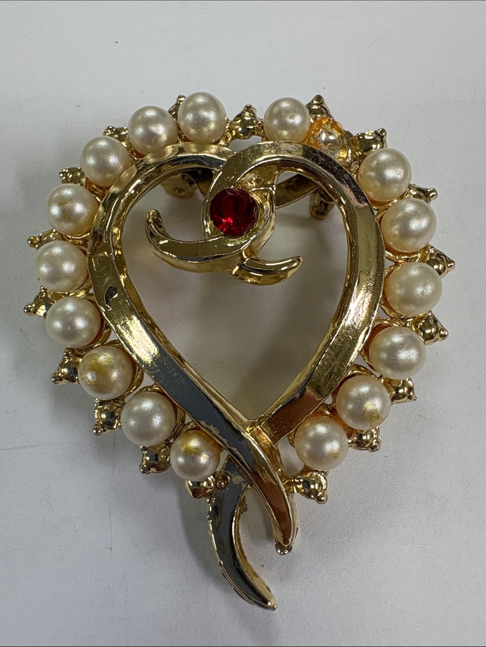 Gold Heart Pearl Brooch with Red Crystal Accent